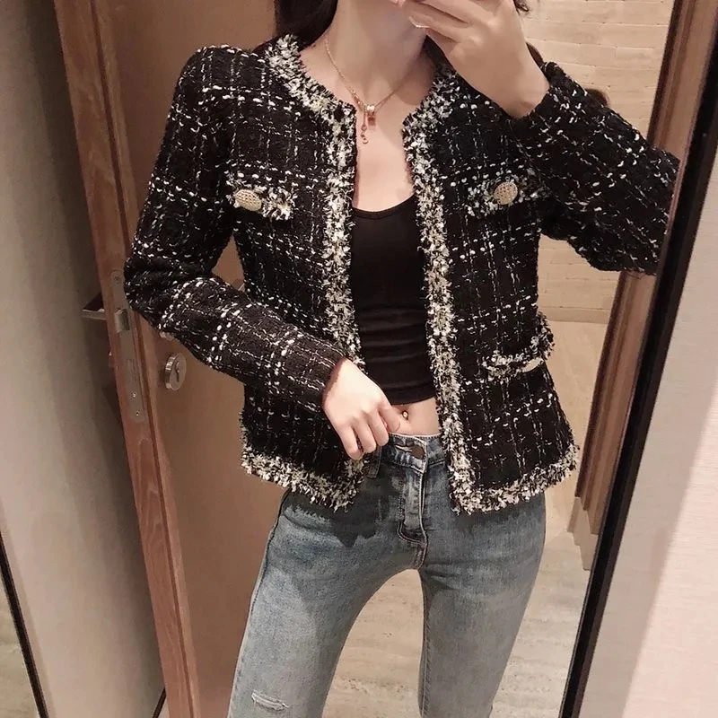 

Autumn Winter Luxury French Style Small Fragrance Jacket Ladies Temperament Vintage Tweed Plaid Black Jacket Female Outerwear