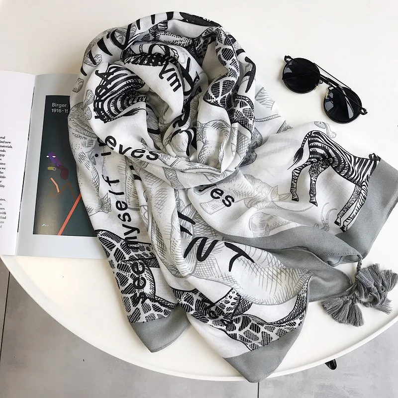 

Spring Autumn Cotton Linen scarf Animal Graffiti print Women's Gray White Letter Long Shawl Scarves