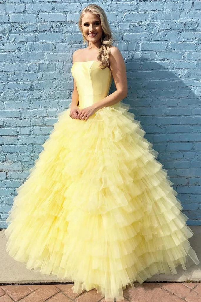 

Elegant Yellow Ball Gown Tiered Prom Dresses Long Strapless Formal Evening Party Gowns Robe De Soiree