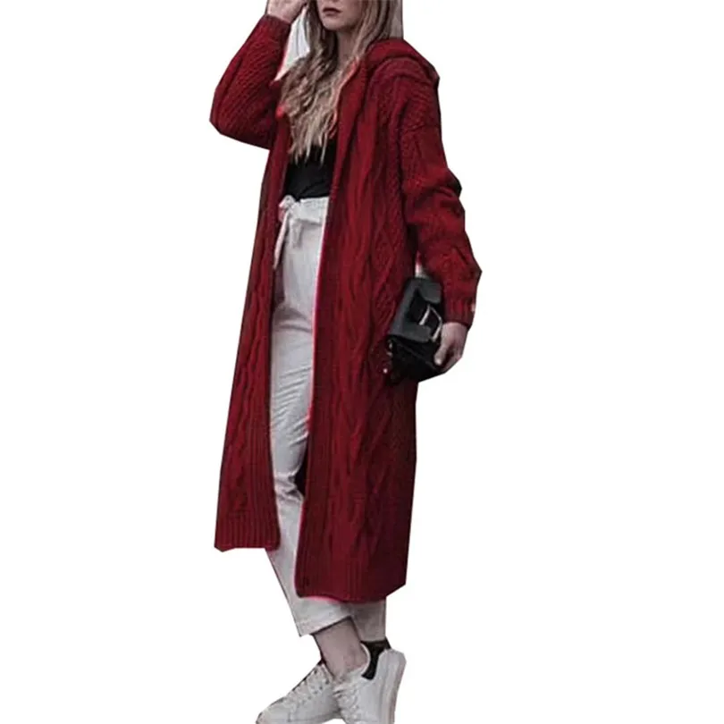 

YGYEEG Autumn Winter Coat Women Fashion Casual Long Jacket With Hooded Sweatshirt Outwear Twist Knitted Loose V-Neck Clothes