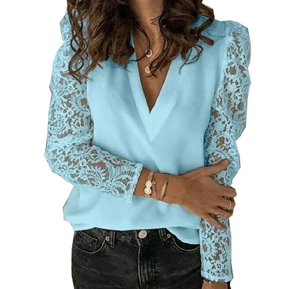 

Women Shirts Deep V Neck Sexy Blusas De Mujer Long Sleeve Shirt 2020 Clothing Lace Patchwork Business Blusas S-3XL