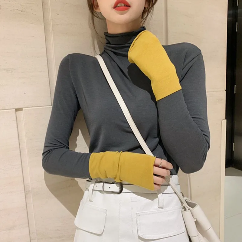 

Autumn Korean Style Turtleneck Bottoming Shirt Fashion Casual Women Stitching Color Long-Sleeved Top