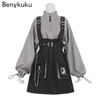 Готическое женское платье мини в стиле ретро, винтажное платье с длинным рукавом, воротником-шляпой, серого и черного цветов, 2021, Jurken, размера плюс