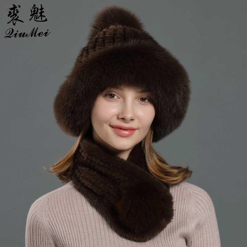 Winter scarf and Cap Real Mink Fur Knitted Warm Ears Hold Fox Fur Natural Classic Brown Black Color Fur Set of Hat Scarf Women