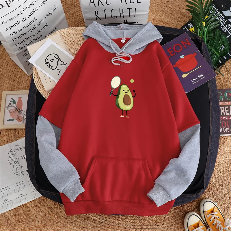 

Fall Winter Women Hit Color Patchwork Sweatshirt Cartoon Kawaii Play Tennis Avocado Print Korean Fashion Harajuku Fleece Hoodies