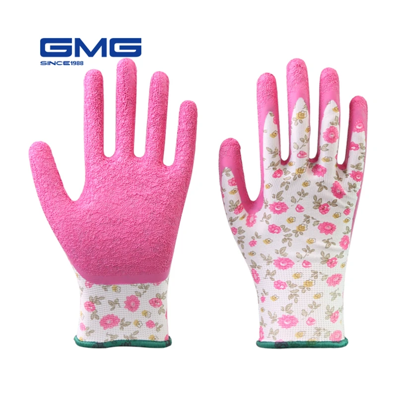 

Garden Gloves Work GMG Printed Polyester Shell Pink Latex Crinkle Coating Work Safety Gloves For Mechanic Construction Women