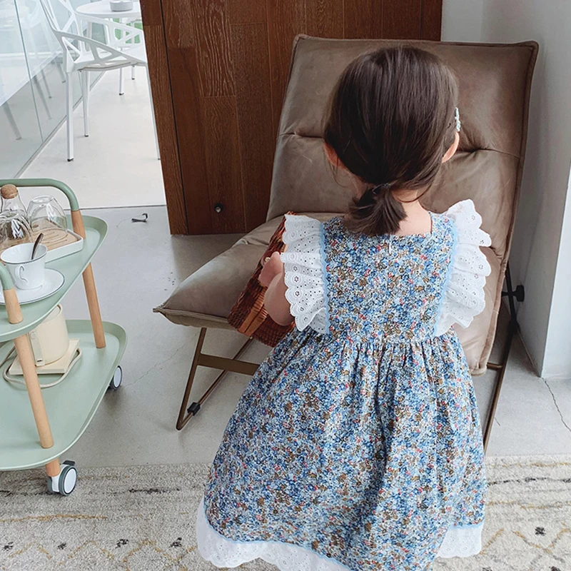 

Girls Flowers Princess Dresses 2021 New Summer Kids Floral Sleeveless Vestidos Korean Children Lace Party Costumes 3-7Y