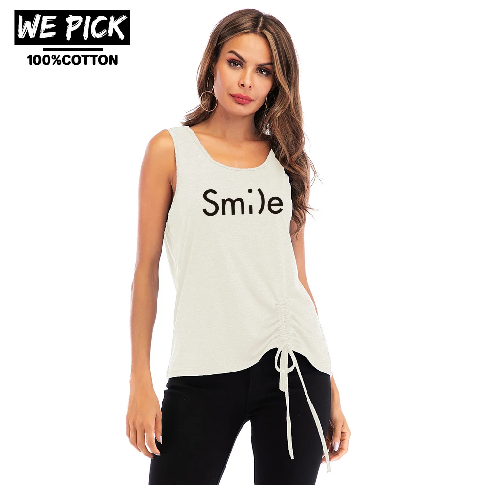

New Summer Smile Letter High Quality Tanks Simple Breathable Streetwear Ladies Clothes Harajuku Shirring O-Neck Sleeveless Tops