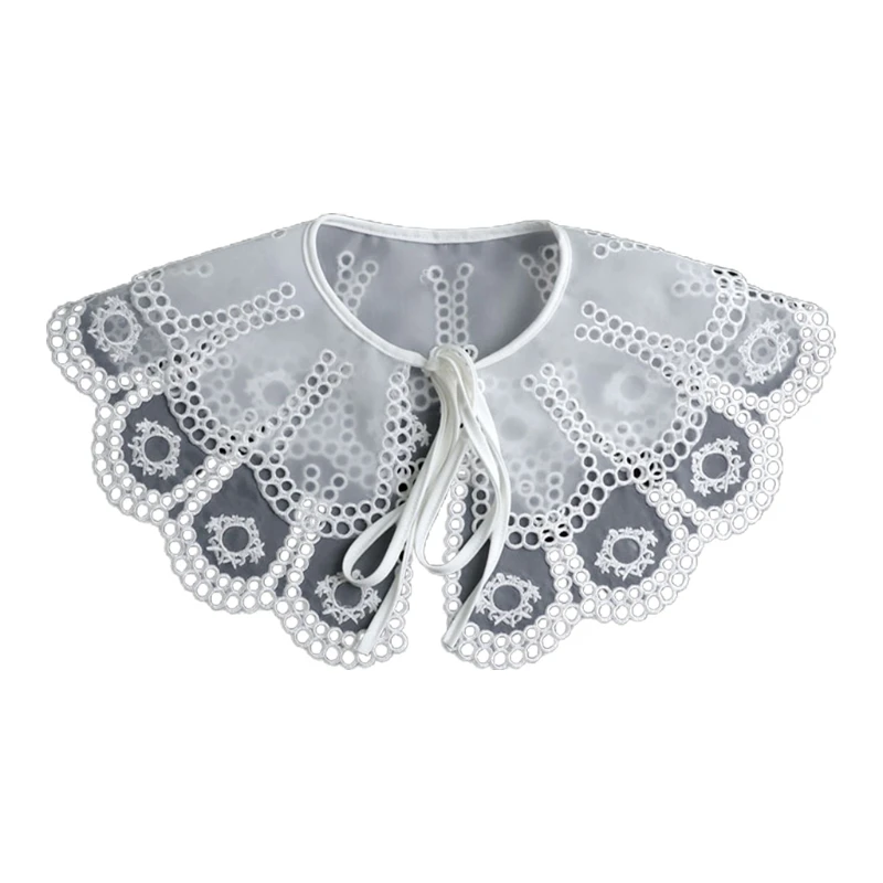 

L5YA Women Double Layer Petal Lace False Collar Big Shawl Vintage Hollow Out Circle Necklace Embroidery Floral Self-Tie Bow