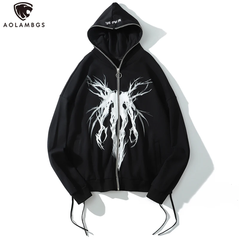 

Aolamegs Punk Graphic Print Zipper Ribbon Hooded Hoodie Men Casual Black Cool Oversize Coat Fashion Sweatshirt Streetwear Autumn