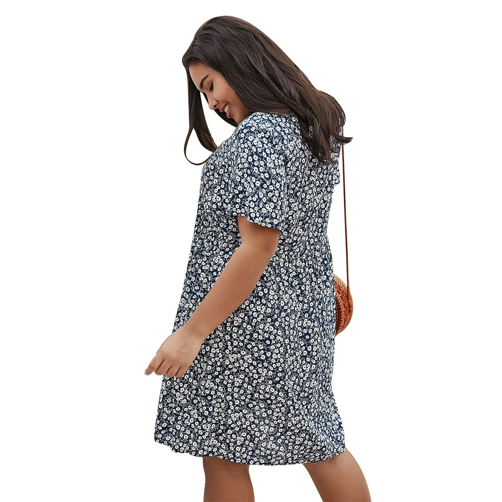 Plus Size 4XL Casual Dress Women 2020 New Summer Short Sleeve Loose V-neck High Waist Floral | Женская одежда