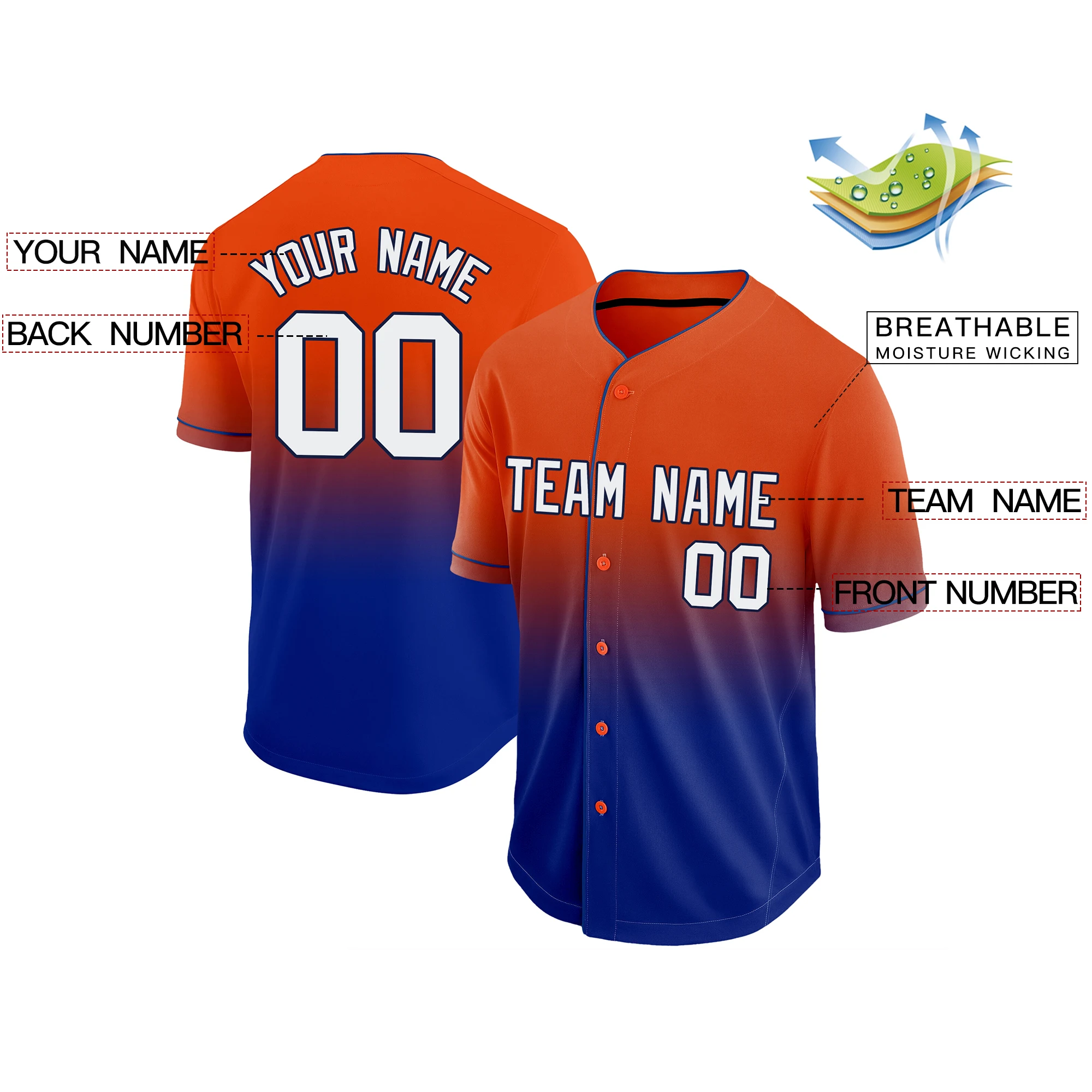 Custom Baseball Jersey Short-Sleeve Cardigan Softball Sport Shirt  Gradient Color Printed Design Team Name/Number For Men/Kid