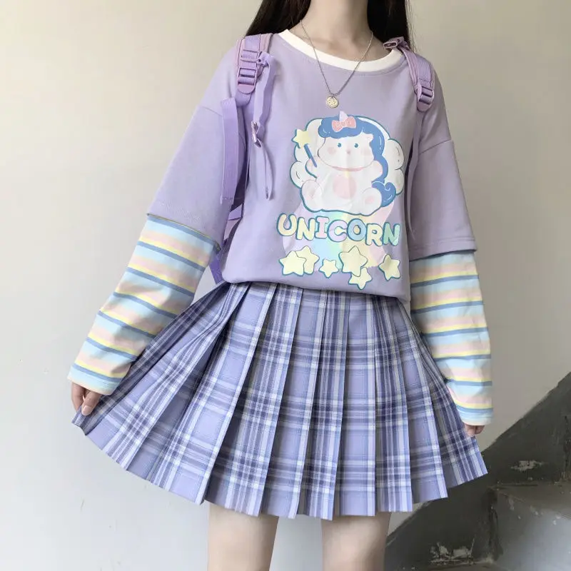 

QWEEK Kawaii Tshirt Women Fashion Cartoon Print T Shirt Women Long Sleeve Cute Tops Rainbow Stripe Casual Graphic Tees