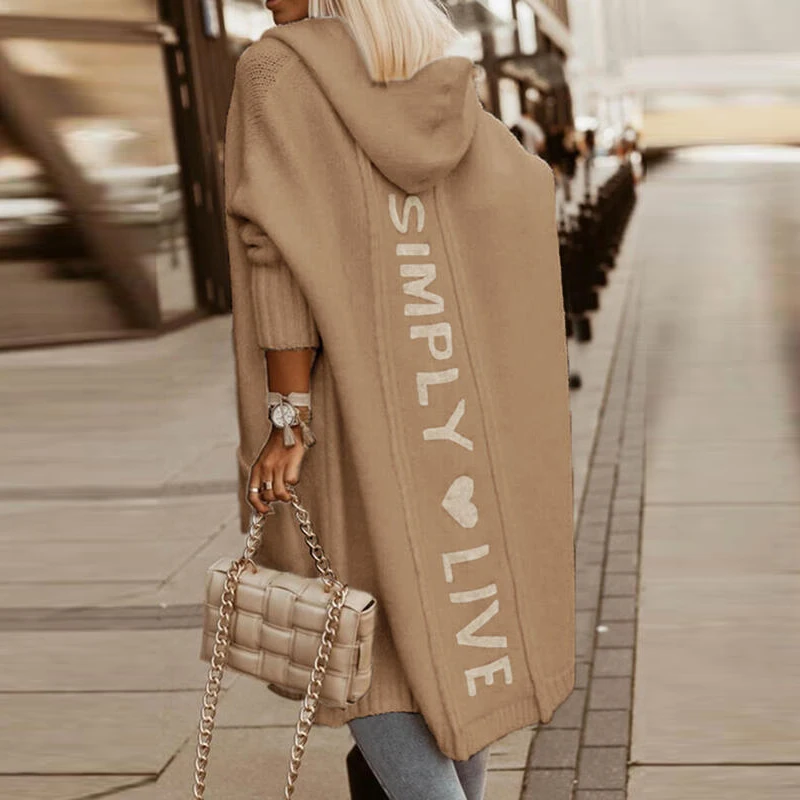 

Элегантный вязаный свитер с капюшоном и надписью, Осень-зима, Повседневный свитер с длинным рукавом, пальто, модный кардиган с карманами для...