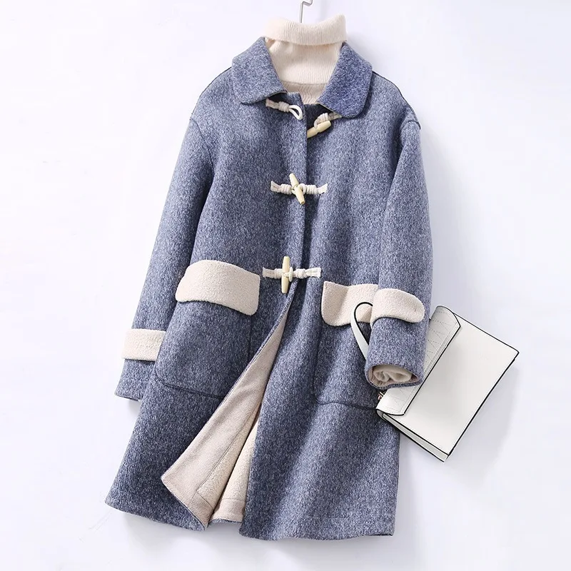 

Top Quality Autumn Winter Elegant Woolen Coat Horn Buckle Women New Fashion Sheepfold Woolen Knit Overcoat Oversize Warm Outwear
