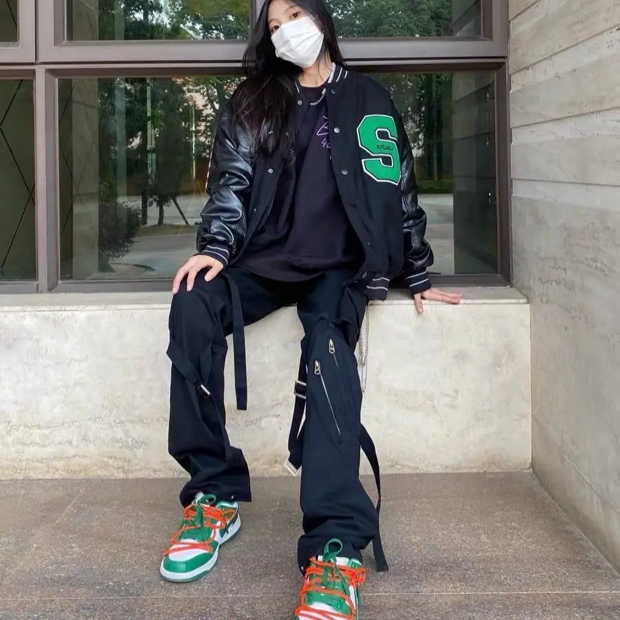 

Black Cargo Pants Men and Women's Vibe Style Zipper Strap Straight-Leg Pants Casual Trousers Streetwear Women Botttoms Pants