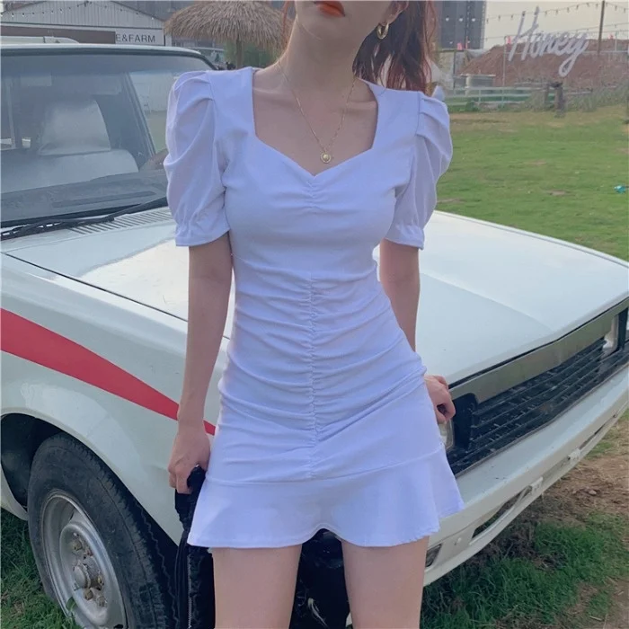 

Юбка-годе пикантное приталенное Плиссированное нежное платье женское летнее элегантное французское облегающее короткое платье с оборками...