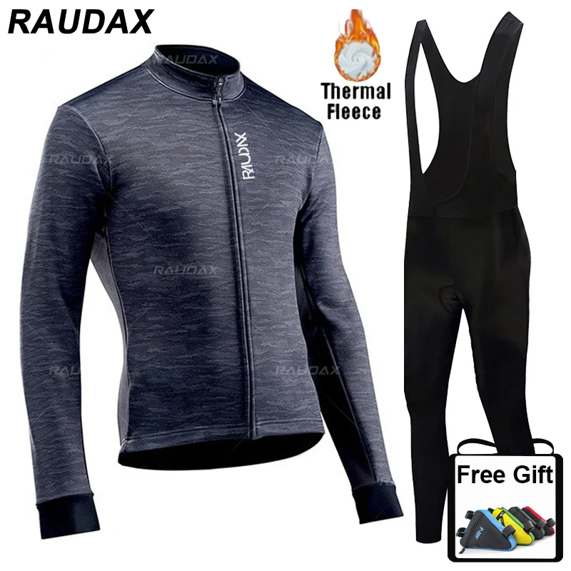 

Raudax New Winter Men's Team Long-sleeved Warm Fleece Warm Knitted Trousers Bib Set Bicycle Ropa Ciclismo Cycling Jersey