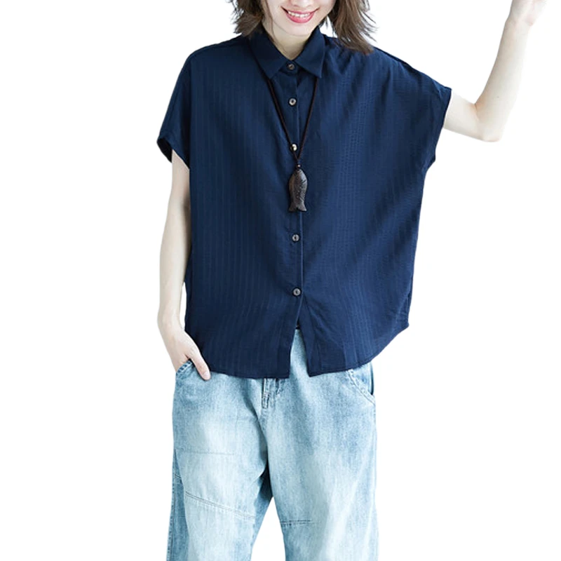 

Oversized Batwing-Sleeved Striped Women Shirts 2021 Summer Vintage Loose Casual All Match Blue Female Shirts Outwear Tops