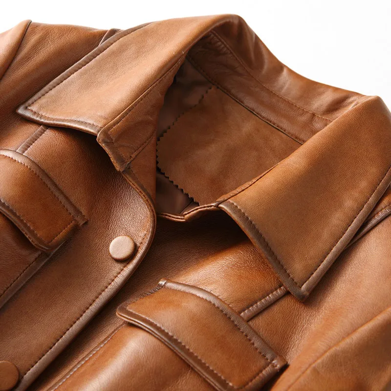 Женская кожаная куртка из натуральной кожи 2020 винтажное пальто овчины с поясом