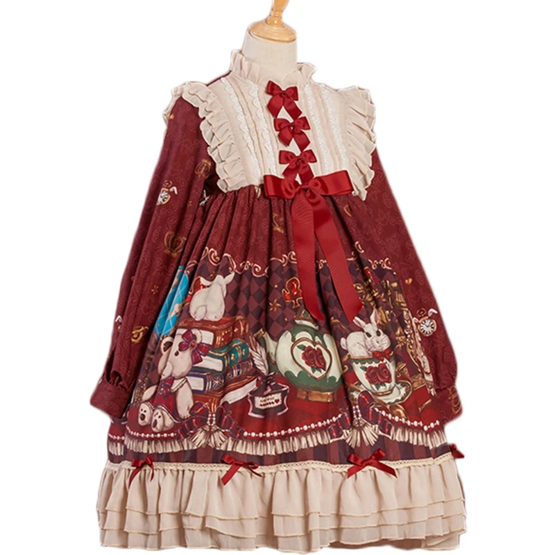 

Red Lolita Dress Long Sleeve Crown Bear Printed Chiffon Lolita One Piece Dress