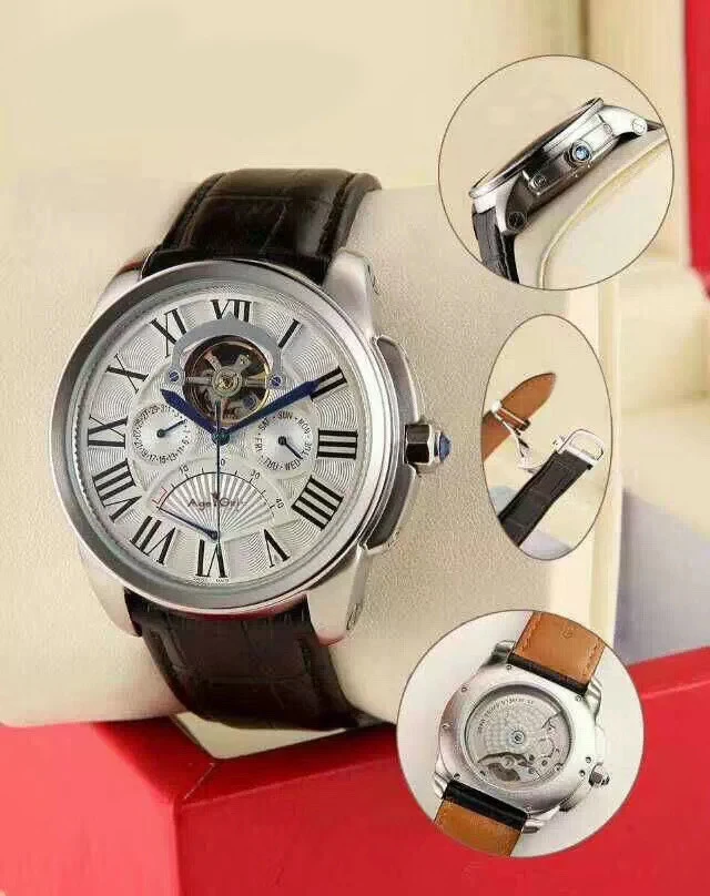 

Luxury Brand New Men Watch Rose Gold Black Sapphire Automatic Mechanical Dual Time Rome Dial Stainless Steel Leather Tourbillion