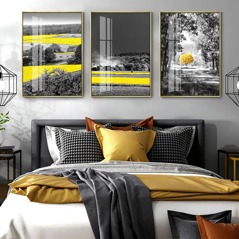 Скандинавский черный и желтый пейзаж Цветочное поле дерево промышленный стиль