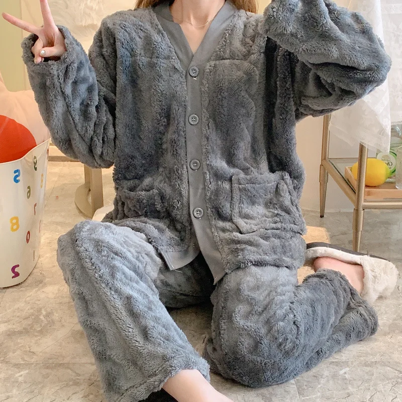 

Pajama women's winter new lovely sweet add cashmere add thick cardigan flannel home warm pajamas set fashion lovers pajamas