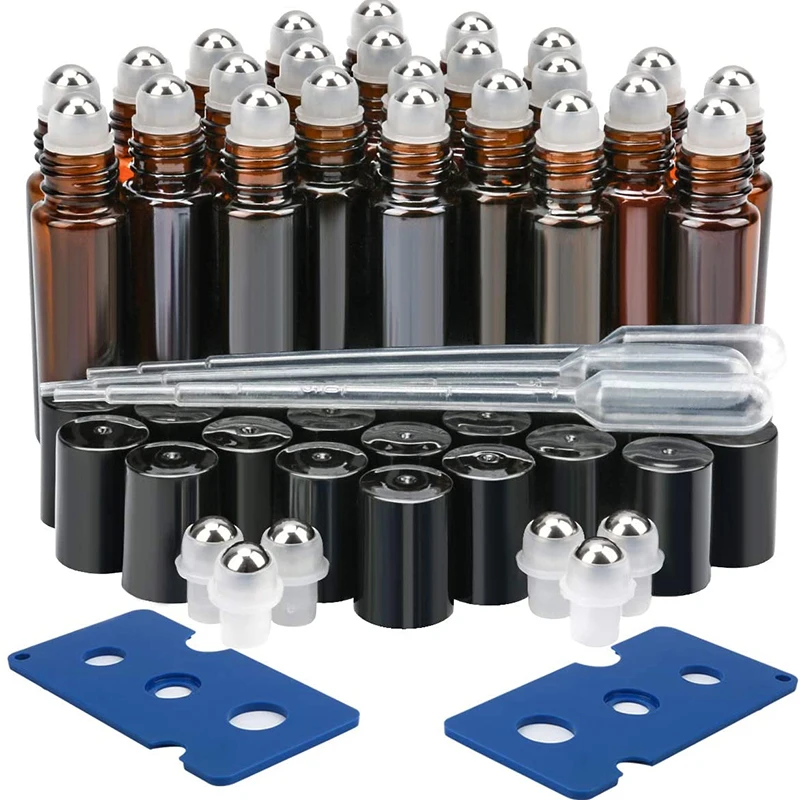 

24Pcs 10ml Amber Roller Bottles Thick Glass Essential Oil Roll On Bottles Refillable Clear Perfume Bottles With 2 Opener