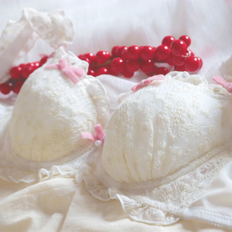 Vintage Cute Lolita Girl Lace Trim Underwear Set Cute Bowknot Ruffle Steel-ringed Push-Ups Lingerie Women's Bra & Brief Set