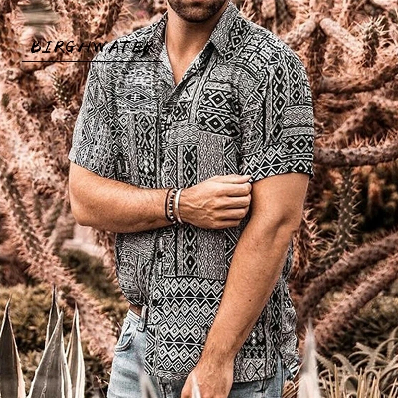 Рубашка мужская с коротким рукавом гавайская Цветочная блузка приталенная