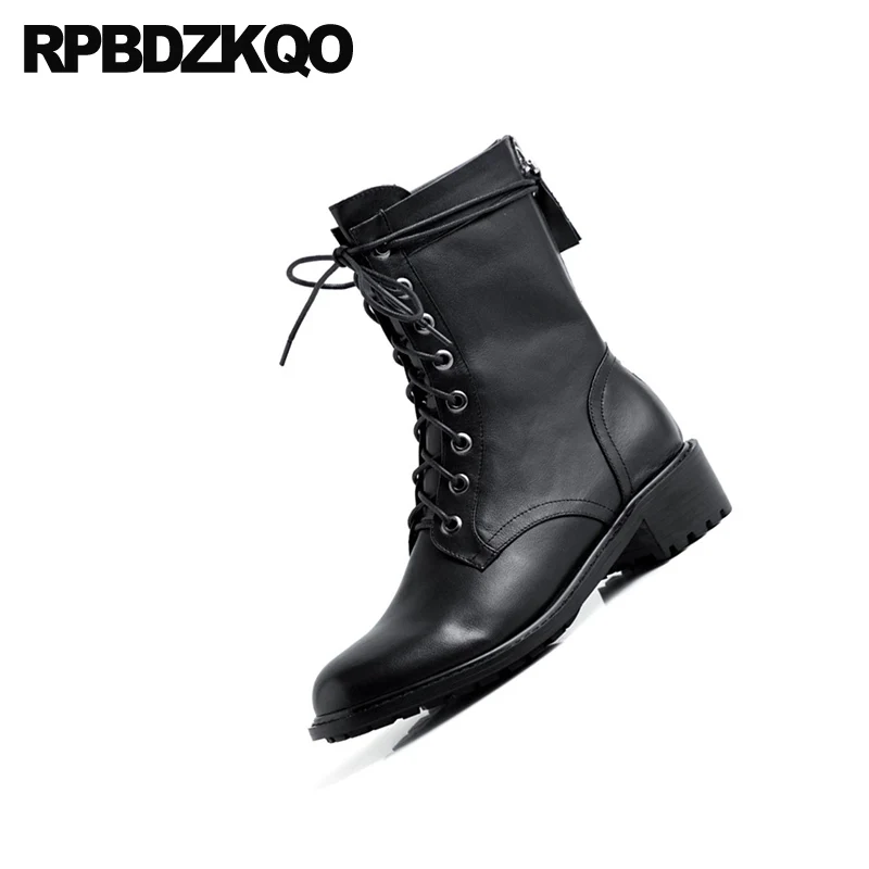 Женские ботильоны на шнуровке спереди черные дизайнерские ботинки с толстым