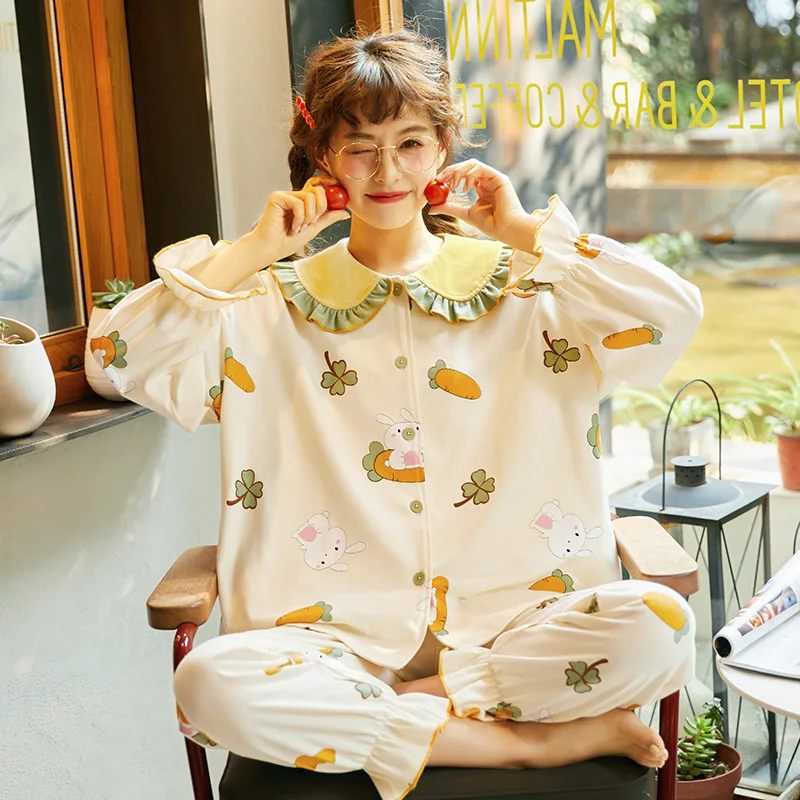 

Women Sleeping Dress Sweet Strawberry Pajama Set Spring and Autumn Long-sleeved Cotton Plus Size Cute Home Service Suit