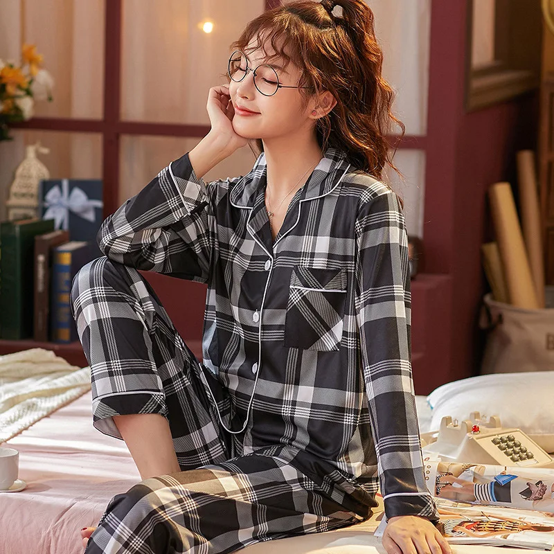 

2021 Spring Autunmn Winter Plaid Two-piece Home Suit for Women Long-sleeved Lapel Pants Pajamas Women Summer Home Clothes