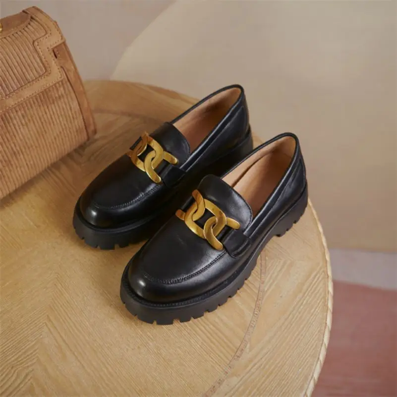 

Meotina Genuine Leather Women Shoes Med Heel Round Toe Pumps Thick Heel Metal Decoration Ladies Footwear Autumn Black 34-40