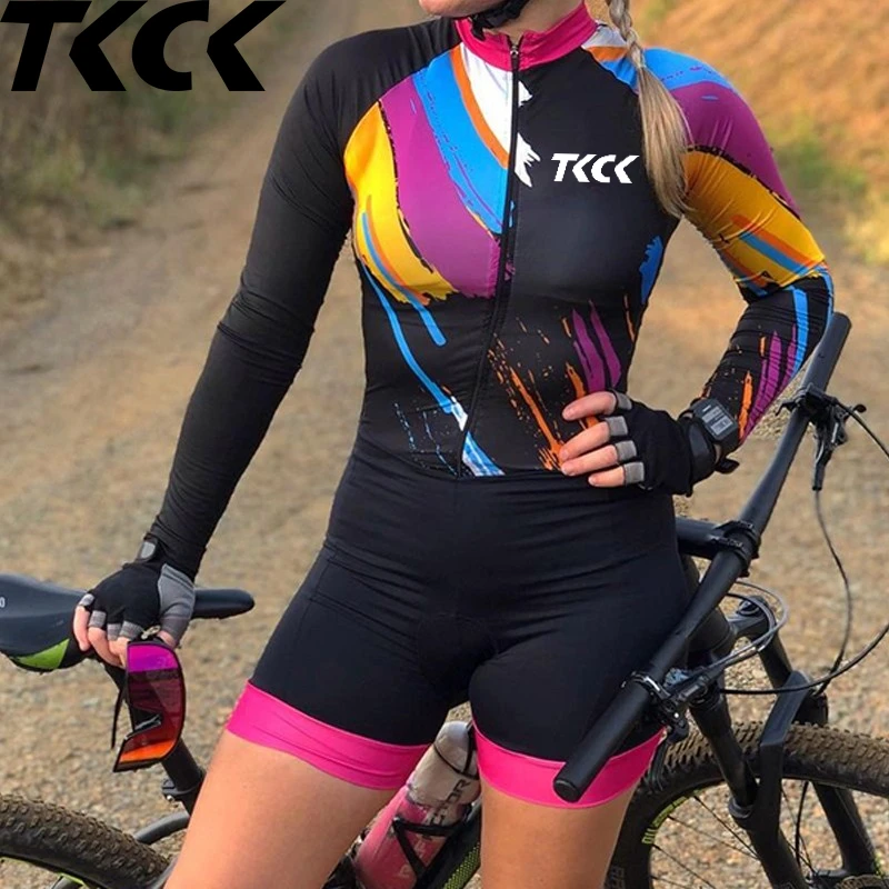 

TKCK Team Triathlon Set Cycling Jersey One Piece Jumpsuit Long Sleeve Macaquinho Ciclismo Feminino Set Gel Pad women jumpsuits