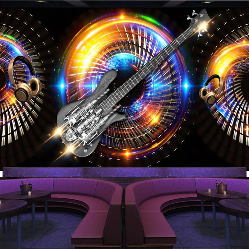 

Custom Fashion Personality Cool Guitar Mural Wall Paper 3D Metal Bass Rock Bar KTV Industrial Decor Background Wallpaper 3D