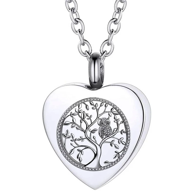 Tree Of Life Owl Necklace Stainless Stee Classic Heart Shape Cremation Urn Ashes Pendant Necklace For Women Jewelry Gifts