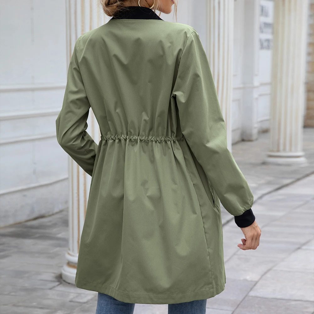 

Women Raincoat Outdoor Streetwear Slant Pocket Drawstring Waterproof Mid-length Trench Autumn Long Sleeve Stand Collar Cardigan