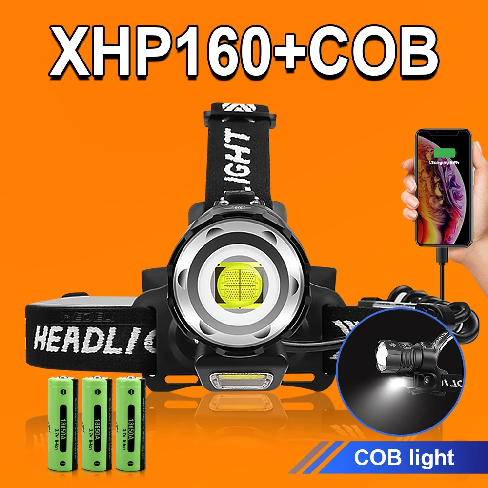 

2021 новейшая COB светодиодные фары XHP160 Перезаряжаемые головки вспышки света светильник самый мощный головной светильник фонарь XHP90.2 USB зум Ры...