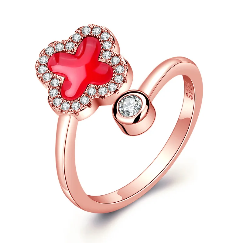 

S925 Sterling Silver Four-leaf Clover Ring Rose Gold Zircon Dripping Oil Ring Small Fresh Lucky Leaf Female Jewelry