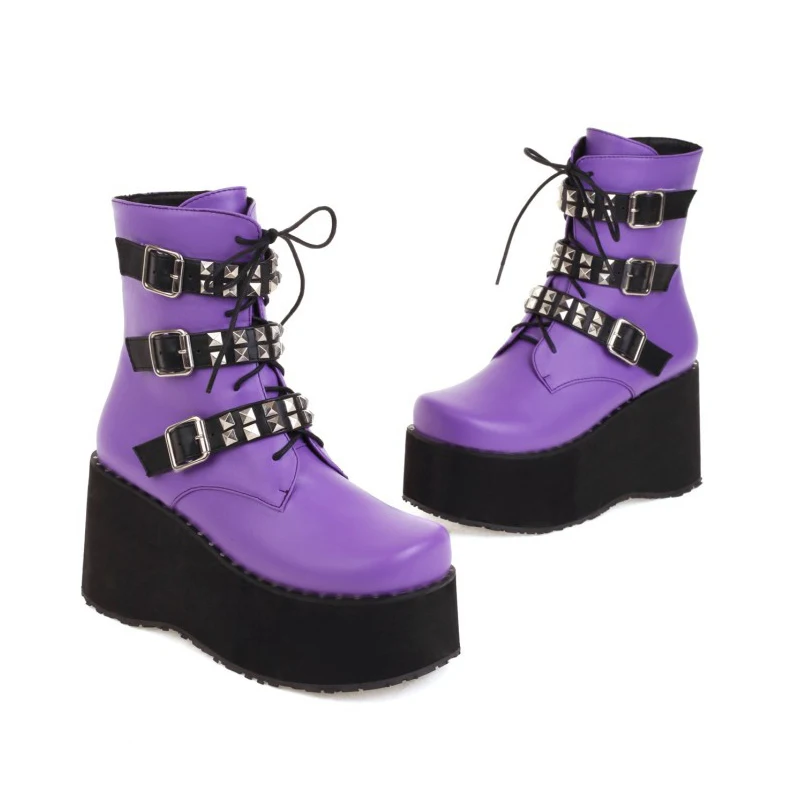 Women Boots Slip On  Rivet Designer  Ankle Boots Thick Heel Platform Heightened Purple Round Toe Fashion Martin Boots 2021