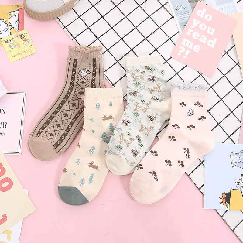 

Sfree 4Pairs Cute Cartoon Bunny Tube Autumn and Winter Lace Net Red Sun Joker Student Socks