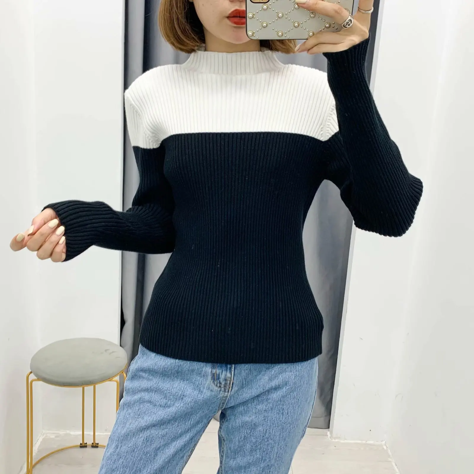 

2020 New Women Knitted top patchwork O-Neck long sleeve fashion casual sweater female women clothes