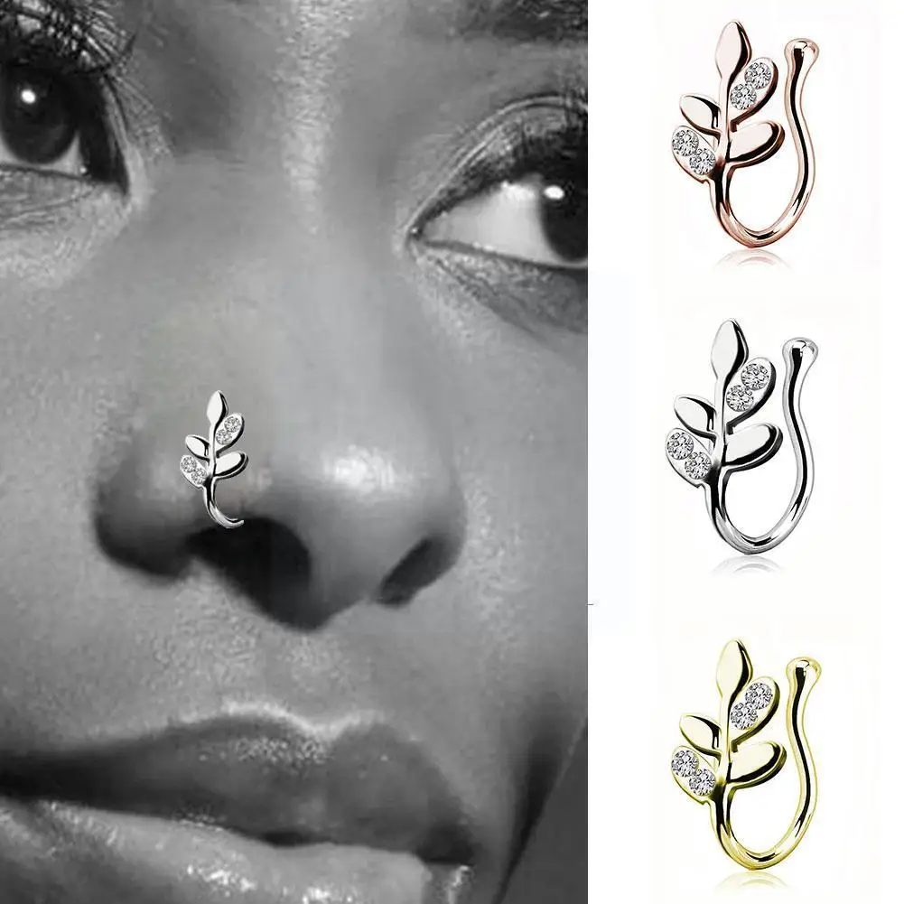 

2021 New Ladies No Perforated Leaf Nose Studs Nostrils Ring Round Earrings Piercing Nose Plated Beaded Jewel Silver Jewelry U2i7