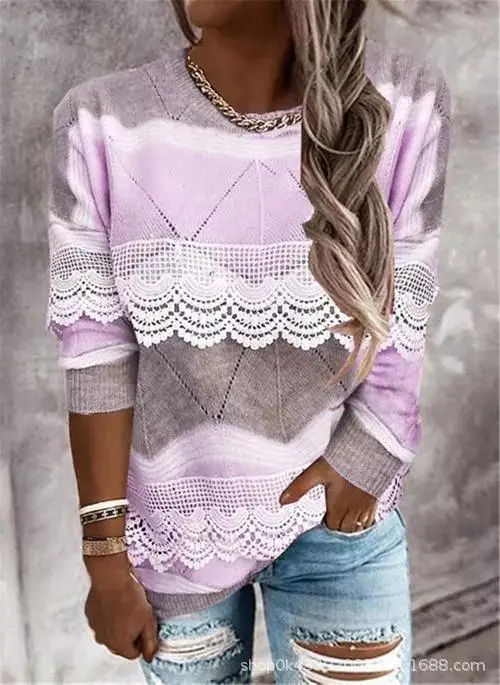 

Women Lace patchwork sweater 2021 Spring Autumn Loose knitted pullovers Female Winter casual O neck solid color sweaters