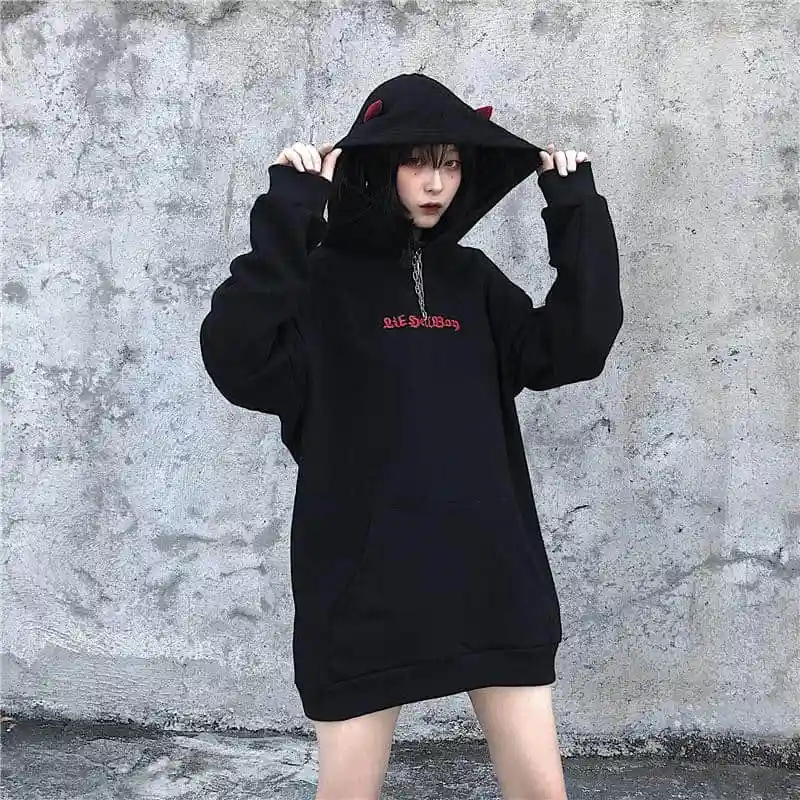 Fall Winter Women Sweatshirts High Street Harajuku Cute Hoodies Punk Gothic Devil Horn Chic Hooded Pullover Loose Sweat | Женская одежда