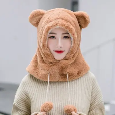 PLOERMIN новые милые Мультяшные уши Skullies Beanies кроличий мех вязаные шапки зимние толстые теплые мягкие Твердые крышки Зимние женские шапки - Цвет: khaki