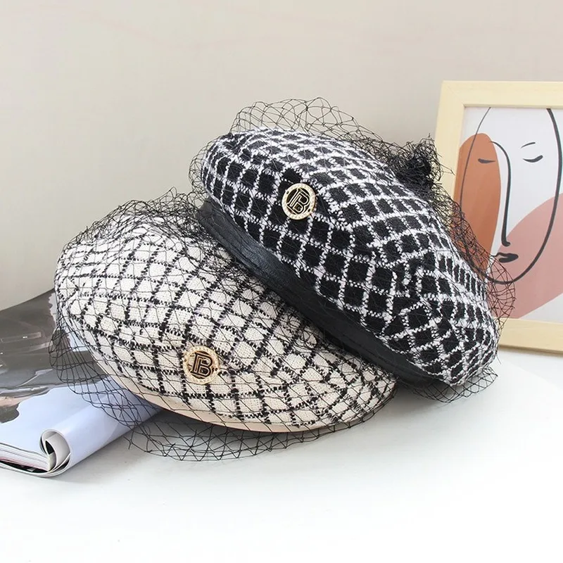 

Women's Plaid Beret Winter Fashion B Letter Little Fragrance Painter Hat Beanie Hat with Mesh Bonnet Bonnets for Women Designer