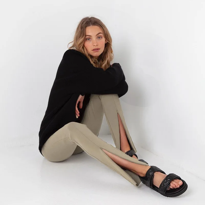 

Spring Autumn New Zaraing-Style Elastic Slimmed Trousers Foot Zipper Open Fork Trim Trousers Female Pants Za 2021 High Street
